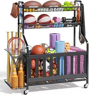 Kitsure Sports Equipment Organizer with Wheels, Garage Ball Storage, 45.6"H | For Garage & Outdoor, Multi- Ball Storage, Holds Balls Bats Toys & Accessories, Rolling Wheels, Hooks, Black