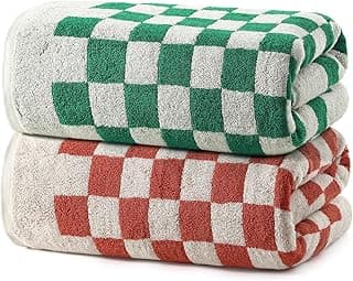 REDKISS 2 Piece Large Green and Red Bath Towels Set -Highly Absorbent 600GSM Cotton Checkered Towels for Bathroom Decoration, Retro Green Red Checkered Design