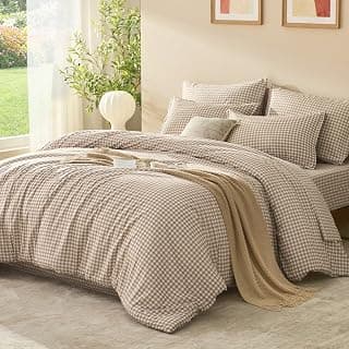 Litanika Queen Comforter Set 7 Pieces Earthy Tan Gingham | Farmhouse Cottage Checkered Bed in a Bag with Sheets Lightweight Fluffy Soft Bedding Sets Down Alternative All Season