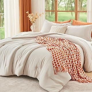 Queen Size Comforter Set Beige, 3 Piece Solid Bedding for All Seasons, Warm Down Alternative Bed Set Includes 1 Lightweight Comforter (90"x90") and 2 Pillowshams (20"x26")
