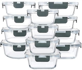 M MCIRCO 24 Piece Glass Food Storage Containers with Lids,Gray | Glass Meal Prep Containers,Airtight Lunch Containers with Lids, Microwave, Oven, Freezer and Dishwasher Friendly, BPA Free