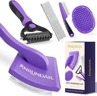 5PCS Dog Grooming Kit with Slicker Brush for Dogs, Undercoat Rake, Bath Brush, Metal Comb & Flea Comb - Professional Tools for Goldendoodles, Poodles, Labradoodles & Long-Haired Dogs - Violet