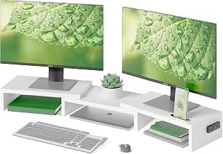 BONTEC Dual Monitor Stand Riser, Adjustable Length & Swivel Angle, White | Ergonomic Wooden Desktop Organizer with Smartphone Holder, Computer Monitor Stand for PC, Laptop, Printer and Large Storage