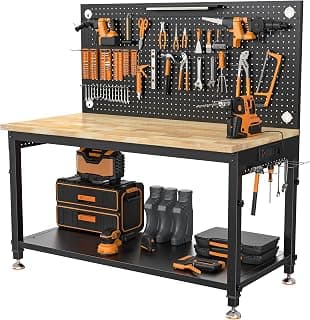CAMMOO 48x24 Inch Garage Work Bench with Storage, Pegboard & Power Strip | Heavy Duty Adjustable Workbench With 2000 lb Load, Rubberwood Top, LED Light & ETL Outlets For Garage Workshop