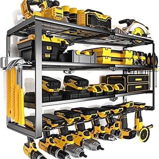YYR 4 Layer Power Tool Organizer Wall Mount, Cordless Drill Hanger Storage Rack, Battery Tools Holder with Charging Station Shelf for Garage Organization, Workshop, Pegboard, Shed - 32 Inch 8 Slots