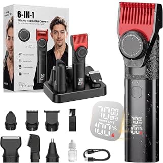 Beard Trimmer for Men, 6-in-1 Men's Grooming Kit,IPX7 Waterproof Wet/Dry, 2-Speed electric razor for men, Easy-Swap Magnetic Heads, LED Display, 20-Length Dial, 4.5-hour battery life,USB-C,Matte black