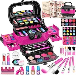Hollyhi 58 Pcs Kids Makeup Toys Kit for Girls, Real Washable Make Up Set | Safety Material Certificates, Non-Toxic, Storage Case with Mirror, Birthday Gifts for 3 4 5 6 7 8 9 10 11 12 Years Old (Rose)