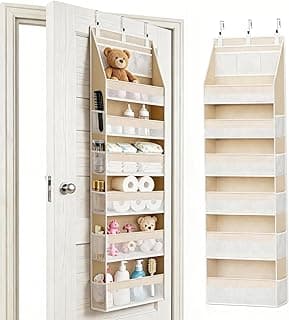 KMSCO Over The Door Organizer 6 Large +13 Mesh Side Pockets | 55lbs capacity, heavy duty non-woven fabric.Ideal for nursery, bathroom, pantry, closet. Beige, 1 pack.