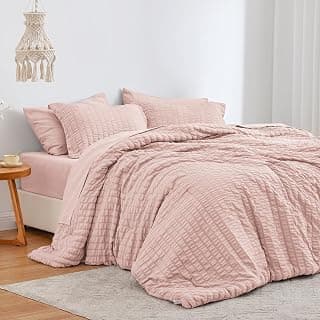 Love's cabin Seersucker Pink Twin Comforter Set, 5-Piece All Season Lightweight Bed in a Bag Bedding Set with Comforter, Flat Sheet, Fitted Sheet, Pillowcase and Sham