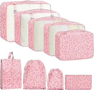 Woobolsalike 9 Set Packing Cubes for Travel Essentials - Lightweight Carry-On Luggage Organizer Bags with Shoe, Clothes & Laundry Bags for Airplane, Family & Business Travel, Pink leopard print