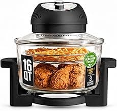 Granitestone 16 Qt Large Glass Air Fryer Non Toxic, Black | PFOA/PTFE/BPA Free, Large Family Sized Airfryer Cooker with 3 Cooking Sections, No Preheat, Self Cleaning, Dishwasher Safe