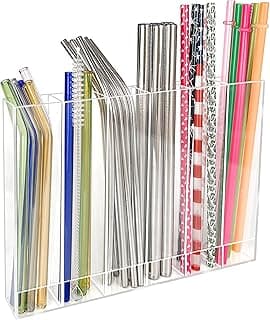 9.6” Large Acrylic Straw Holder for Cabinet Door - 6 compartments, easy to clean, Reusable Tumbler Straw Organizer Storage, Small Kitchen Accessories Container, Ultra Sticky Cupboard Door Mounted