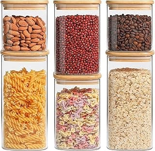 ComSaf Glass Pantry Storage Containers (0.7Qt/1.2Qt/1.6Qt) Set of 6, Square | Glass Storage Containers with Lids, Kitchen Canisters, Pantry Jar, Bamboo Lid with Silicone Seal, Flour Cereal Tea, BPA Free