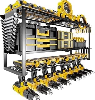 33" Power Tool Organizer Wall Mount，3 Tier Cordless Tool Holder | 8 Drill Holders,Heavy Duty Metal Loads 200lbs,Easy Install,Utility Rack with Wrench Rack,Foldable,Garage Workshop Pegboard