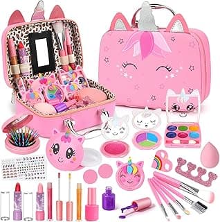 Heaning Real Kids Makeup Girl Toys - Safe / Non-Toxic / Washable | Unicorn Theme, Great Starter Make up Kit for Toddlers, Princess Dress-Up, Role Play, Gifts for Girls Ages 3-12, Pink