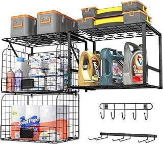 ThreeHio Garage Shelf Wall Mounted with Wire baskets, Heavy Duty Garage Wall Shelving with Garden Tool Rack and Hooks, Wire Shelf Baskets Tool Organizer for Home Garden Yard Organization and Storage