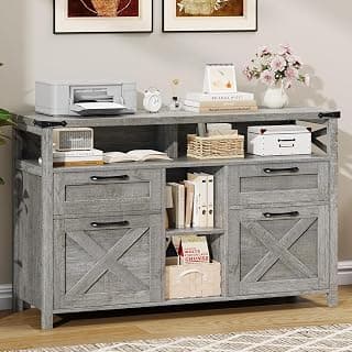Halitaa File Cabinet with Open Storage Shelf for Home Office, Gray | Farmhouse, Lateral Filing Organization Storage Cabinets, 4 Drawers, Adjustable Shelf, Hanging Files Letter/A4