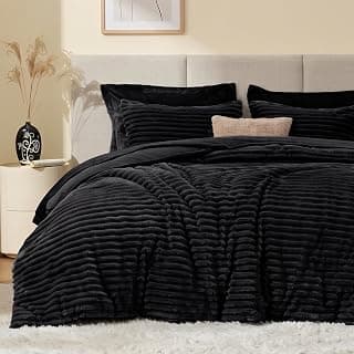 EXQ Home Fluffy Comforter Set Queen Size - Super Soft Faux Fur Stripe Jacquard Comforter 3 Pieces, Black Fleece Bedding Set,Winter Warm Bed Set,1 Comforter with 2 Pillowcases