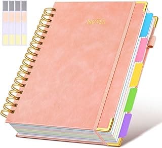 Hardcover Spiral Notebook journal with Removable Dividers Tabs, 300 Pages Leather 5 Subject Notebook College Ruled, 8"x10" Large B5 Notebooks for Work School Note taking, Lined Journal for Women,Pink