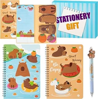 B1ykin Stationery Gift Set - 3Pcs Notebook Sticky Notes, Kawaii A5 Spiral Notebooks & 550 Sheets Cute Sticky Notes with Pens Kit for Office School Kids Students Birthday Supplies (Capy)
