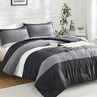 Litanika Full Comforter Set Black - 3 Pieces Stripe Bedding Comforter Sets | Boys Men Fluffy Lightweight Soft Colorblock Down Alternative All Season Bed Set