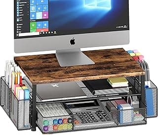 Desk Organizer and Accessories, 2-Tier Computer Monitor Stand Riser with Drawer and 2 Pen Holders, Laptop Stand, Office Desk Accessories for Office Supplies, 1 Pack, Brown