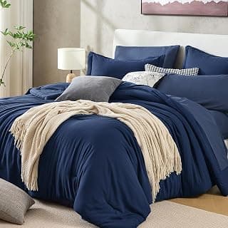 Sasttie Queen Comforter Set 7-Piece Navy Blue, Pre-Washed Bed in a Bag | Soft & Breathable, All-Season Bedding Set with Comforter, Sheets, Pillowcases & Pillow Shams, OEKO-TEX, Down Alternative