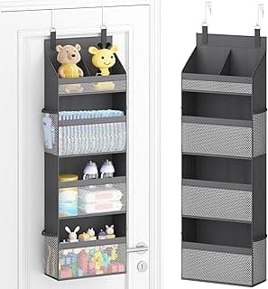 Lifewit 4 Tier Over the Door Diaper Organizer for Nursery, Large Heavy Duty Hanging Storage with 4 Mesh Side Pockets, Sturdy Back of Door Shelf for Baby Stuff Toy in Pantry, Laundry, Bathroom, Gray