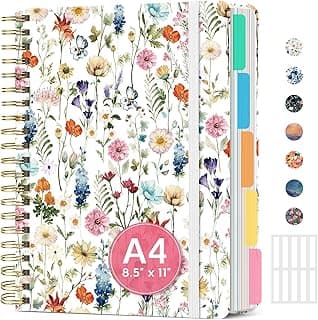 Large Spiral Notebooks for Work 5 Subject with Removable Dividers | 8.5" x 11" Pretty Hardcover Notebook Journal for Women, College Ruled, Perfect for Study & Office , 280 Pages, Wildflowers