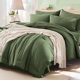 Anluoer Queen Comforter Set 7 Piece, Soft Bed in a Bag Queen Bedding Sets | Solid Olive Green,OEKO-TEX Certified, Lightweight, All Season, Down Alternative Comforter, Breathable sheets & pillowcases