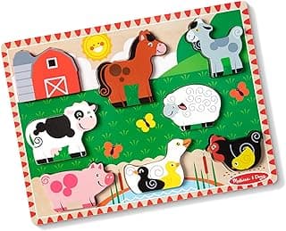Melissa & Doug Farm Wooden Chunky Puzzle (8 pcs) - FSC Certified | 8 Chunky Wooden Pieces, Stand-Up Farm Animals and Barn, Motor Skill Building Puzzle Play, Toddler Toys for Kids, Ages 2+