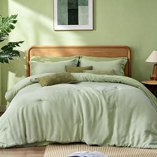 BEDELITE Queen Comforter Set, 7 Pieces Linen-Like Texture Bed in A Bag | Luxury All Season Comforters & Sheet Set, Pillowcases & Shams, Soft Cozy Cationic Dyeing Bedding, Sage Green