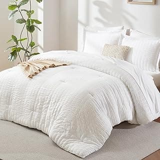 Queen Comforter Set, 7 Pieces White Seersucker Bed in a Bag | OEKO-TEX Certified, All Season Bedding Set with 240 GSM Down Alternative Comforter, Flat & Fitted Sheets, Pillowcases & Shams
