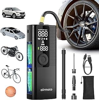 Airmoto Tire Inflator Portable Air Compressor for Cars, Bikes and Bicycles | Cordless Air Pump with Digital Pressure Gauge, Bright LED & Auto Shut-Off, Works on All Tires and Inflatables