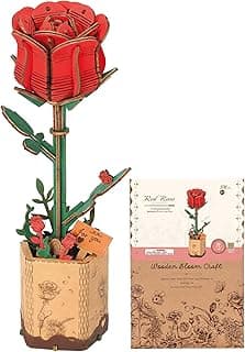 3D Flower Wooden Puzzles for Adults-Red Rose, DIY Wooden Flowers Model Kit Building Set Crafts Birthday Gifts Women, Artificial Botanical Collection Creative Gift Ideas/Housewarming (106PCS)