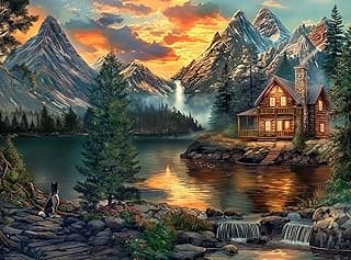 Adult Jigsaw Puzzle 1000 Piece Mountain Cabin | Features a serene lake cabin scene, finishing at 20x27 inches. Great for game nights on a table, puzzleboard, or floor.