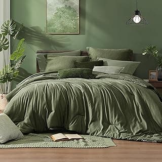 Monbix Queen Comforter Set 7 Pieces Cationic Green Bed in a Bag | Cationic Dyeing Reversible All Season Bedding Sets with Comforter, Sheets, Pillowcases & Shams