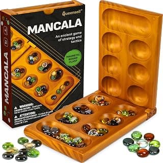 Mancala Board Game for Kids and Adults – Wooden Folding Mancala Set with Magnetic Lock and 56 Stones – Classic Strategy Board Game Travel Size