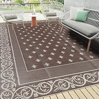 Pauwer Waterproof Outdoor Rug 9x12, Plastic Patio Rug, Bordered Brown | Reversible Camping Rug, UV Resistant Indoor Outdoor RV Mat Carpet For Deck, Camper, Porch, Balcony, Backyard, Picnic