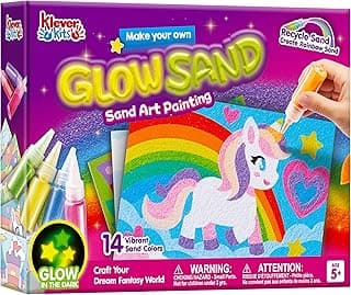 JOVA Klever Kits Glow Sand Art Kits for Kids, Glow in The Dark Sand Painting with 14 Colors, Kids Crafts, 6 Fantasy Templates & 4 DIY Sheets, Mess Free Arts and Crafts, Gifts for Girls Ages 5+