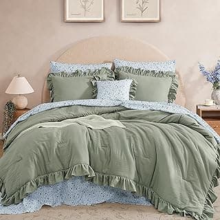Queen Comforter Set-7 Pieces Ruffle Bedding with Floral Sheet | Sage Green Bed in a Bag, Soft Lightweight All Season Farmhouse Queen Bedding Sets with Floral Sheets, Pillowcases & Shams