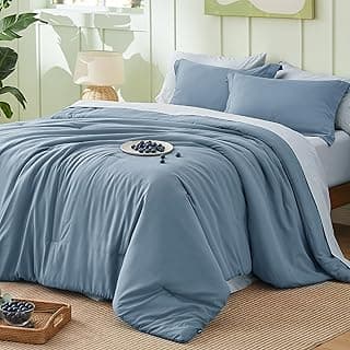 Bedsure Queen Comforter Set - 7 Pieces Grayish Blue Queen Bedding Set for All Seasons, Boho Contrasting Design Bed in a Bag with Comforter, Sheets, Pillowcases & Shams