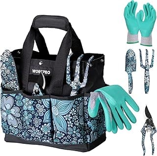 WORKPRO 5PCS Garden Tool Set, Aluminum Heavy Duty Gardening Tool Set | With Garden Tool Bag, Outdoor Garden Hand Tools, Floral Blue