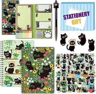 B1ykin Notebook Sticky Notes Stationery Set, 5Pcs A5 Spiral Notebooks with Sticky Notes Neutral Pen Stickers Magnet Bookmarks for Office School Students Birthday Supplies Gift (Black Cat Floral)