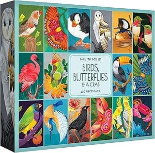 RoseArt - Birds Butterflies & Crab Jigsaw Puzzle Box Set- 16 Mini Puzzles, 100 Pieces Each - Colorful Puzzle Gift Set for Adults