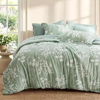 Bedsure Sage Green Queen Comforter Set, Floral Bedding Sets, 7 Piece | Bed in a Bag, Comforters, Bedroom, Fall & Winter, Reversible, Fluffy, Whisper-Quiet, Polyester, Botanical-Chic, OEKO