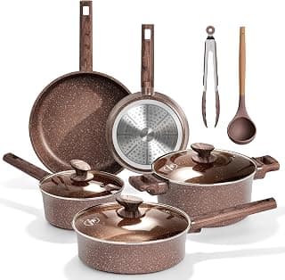 Kitchen Academy 10Pcs Induction Pots & Pans Set Non Stick, Brown | Nonstick Cookware Set, Healthy Non Toxic Cooking Pans and Pots, Easy to Clean, PFOA&PFAS Free