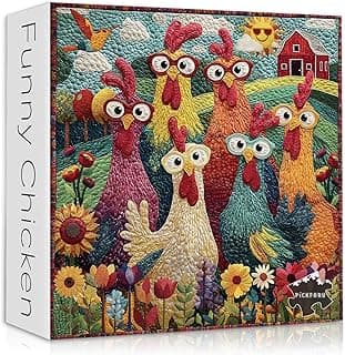Chicken Puzzles for Adults 1000 Piece, PICKFORU Funny Chicken Jigsaw Puzzle, Garden Farm Flower Animal Rooster Themed, Patchwork Art Challenge Puzzle