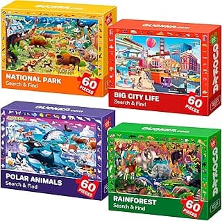 Jigsaw Puzzles for Kids Ages 4-6 - 4 x 60 Piece Kids Puzzles Ages 5-8 | Search and Find Puzzles for Kids Ages 6-8 - Toddlers Puzzles Ages 3-5 Year Old - Forest, Polar, Usa Park and City Animal