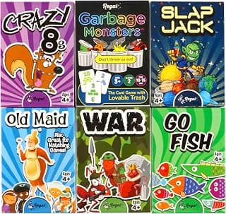 Regal Games Card Games for Kids - Go Fish, Crazy 8's, Old Maid, Slap Jack, Garbage Monster, War - Simple & Fun Classic Family Table Games - Games May Vary (6 Set)